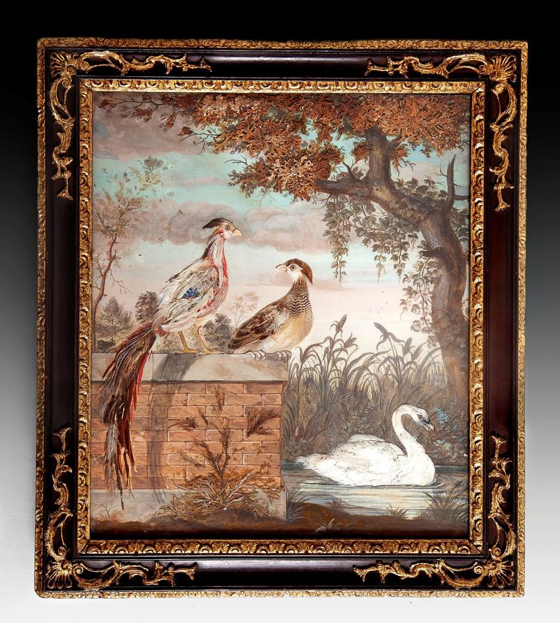 George 11 featherwork painting in original rococo frame