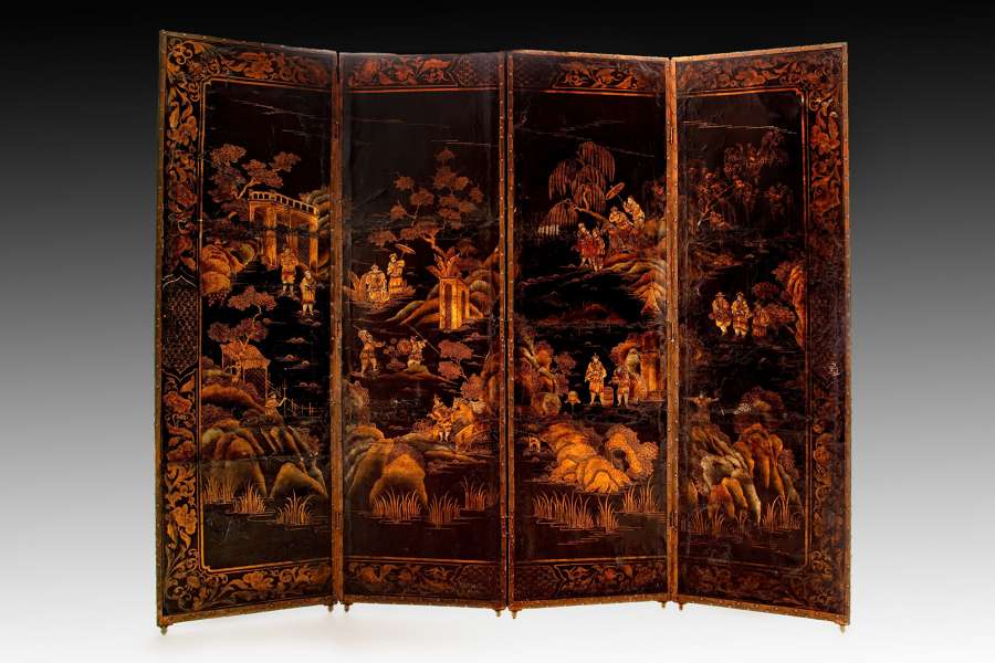 An early eighteenth century chinoiserie leather screen