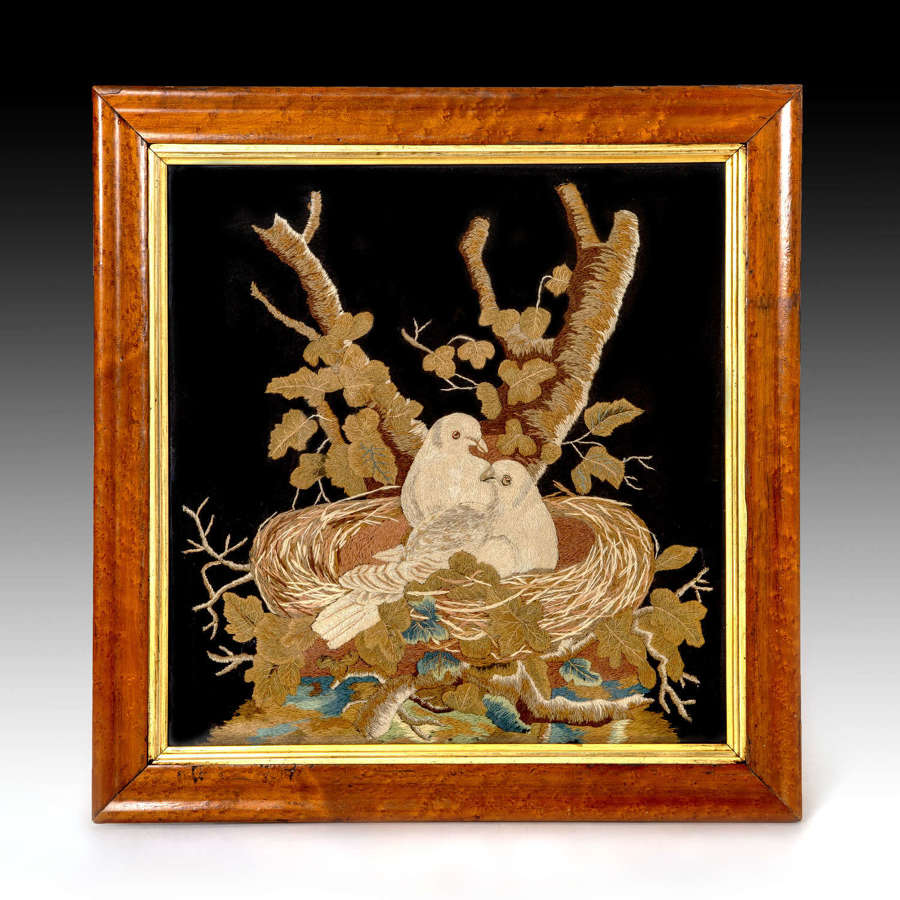 19th century needlework and felt picture of turtle doves