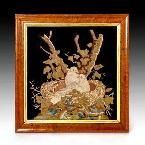 19th century needlework and felt picture of turtle doves