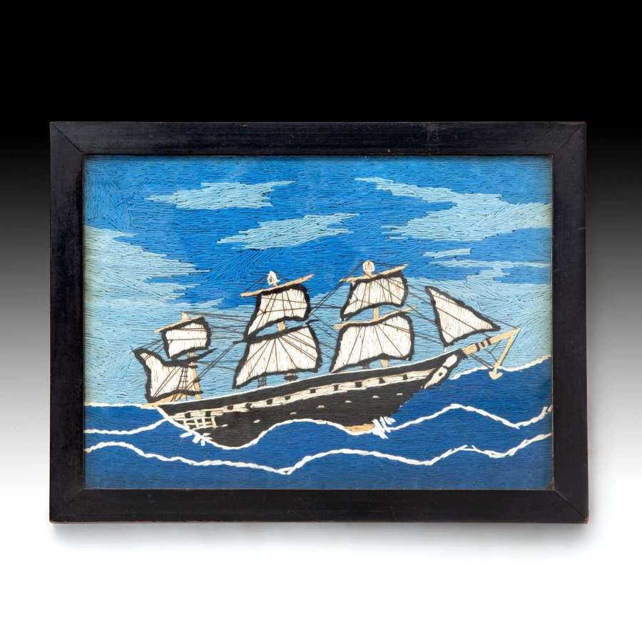 Needlework picture of a sailing clipper