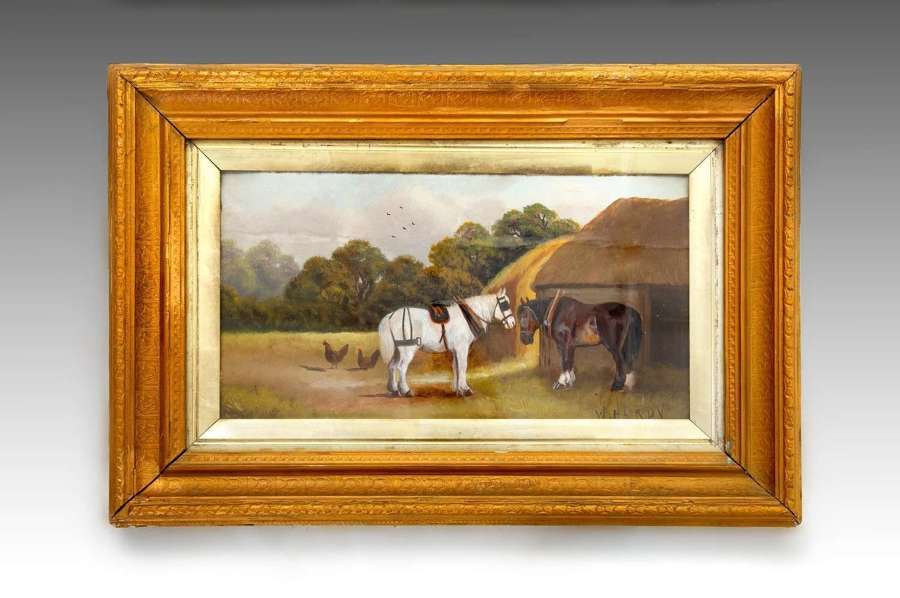 A pair of 19th century pastels of a farmyard with horses