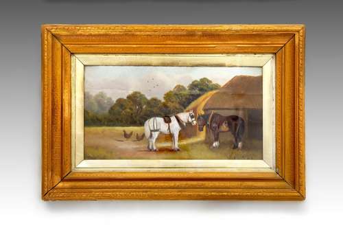 A pair of 19th century pastels of a farmyard with horses