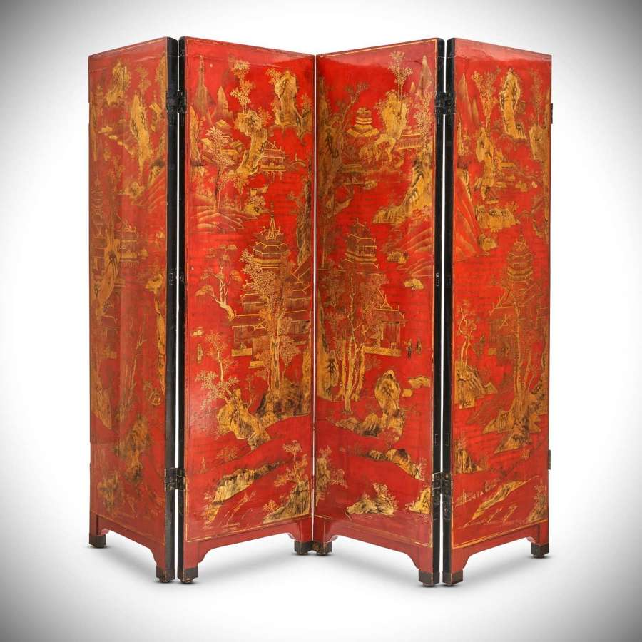 A late 18th century scarlet lacquer screen