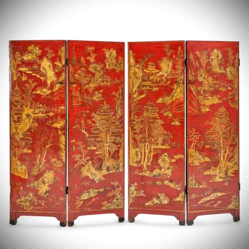 A late 18th century scarlet lacquer screen