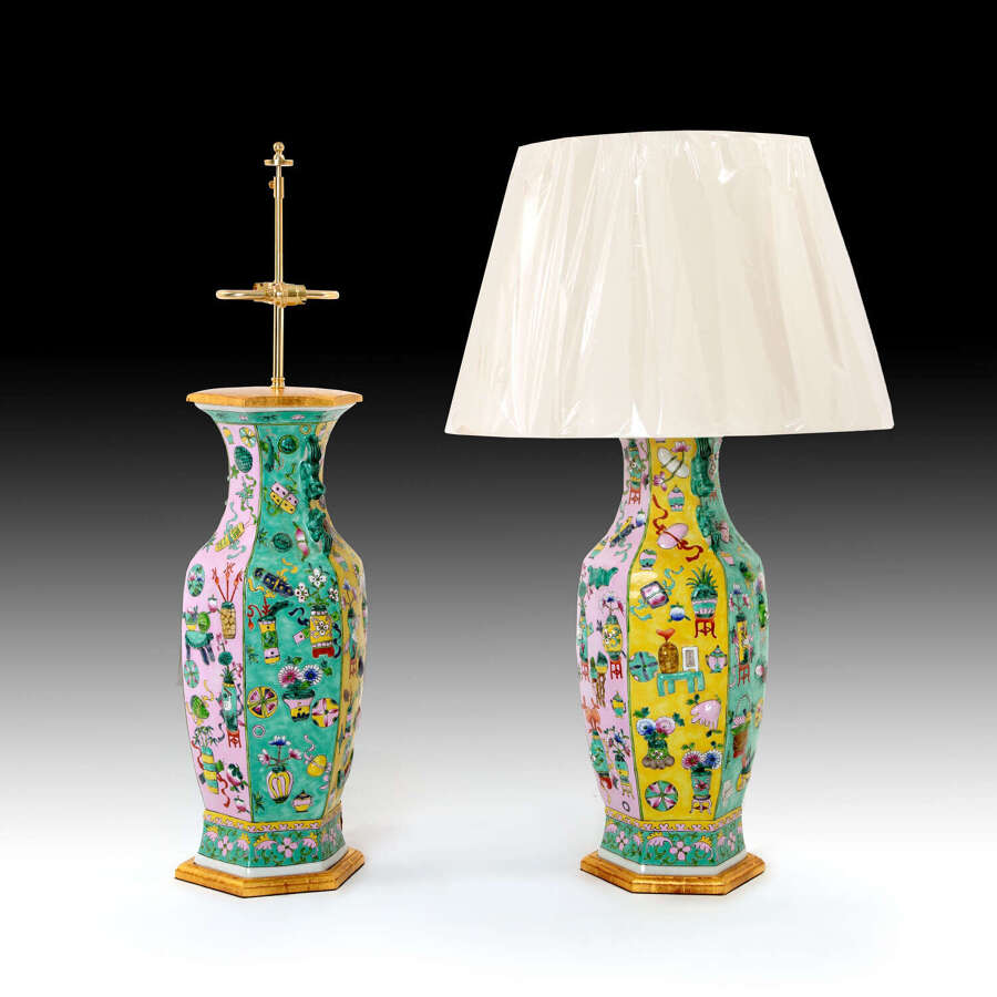 A pair of large Republic period polychrome vases as lamps