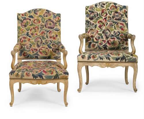 A fine pair of Louis XV parcel gilt armchairs